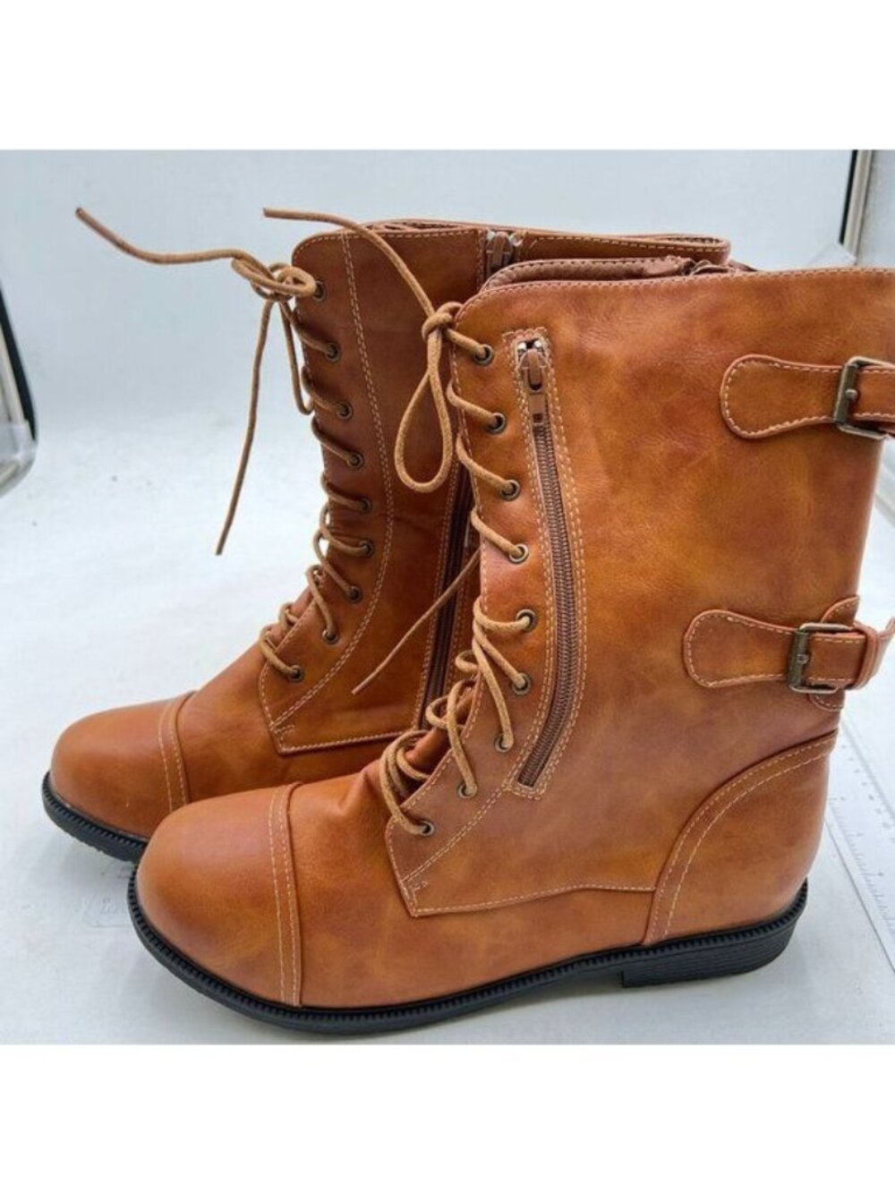 Women's Combat Ankle Boots Fashion Lace up Zipper Booties Brown Boots
